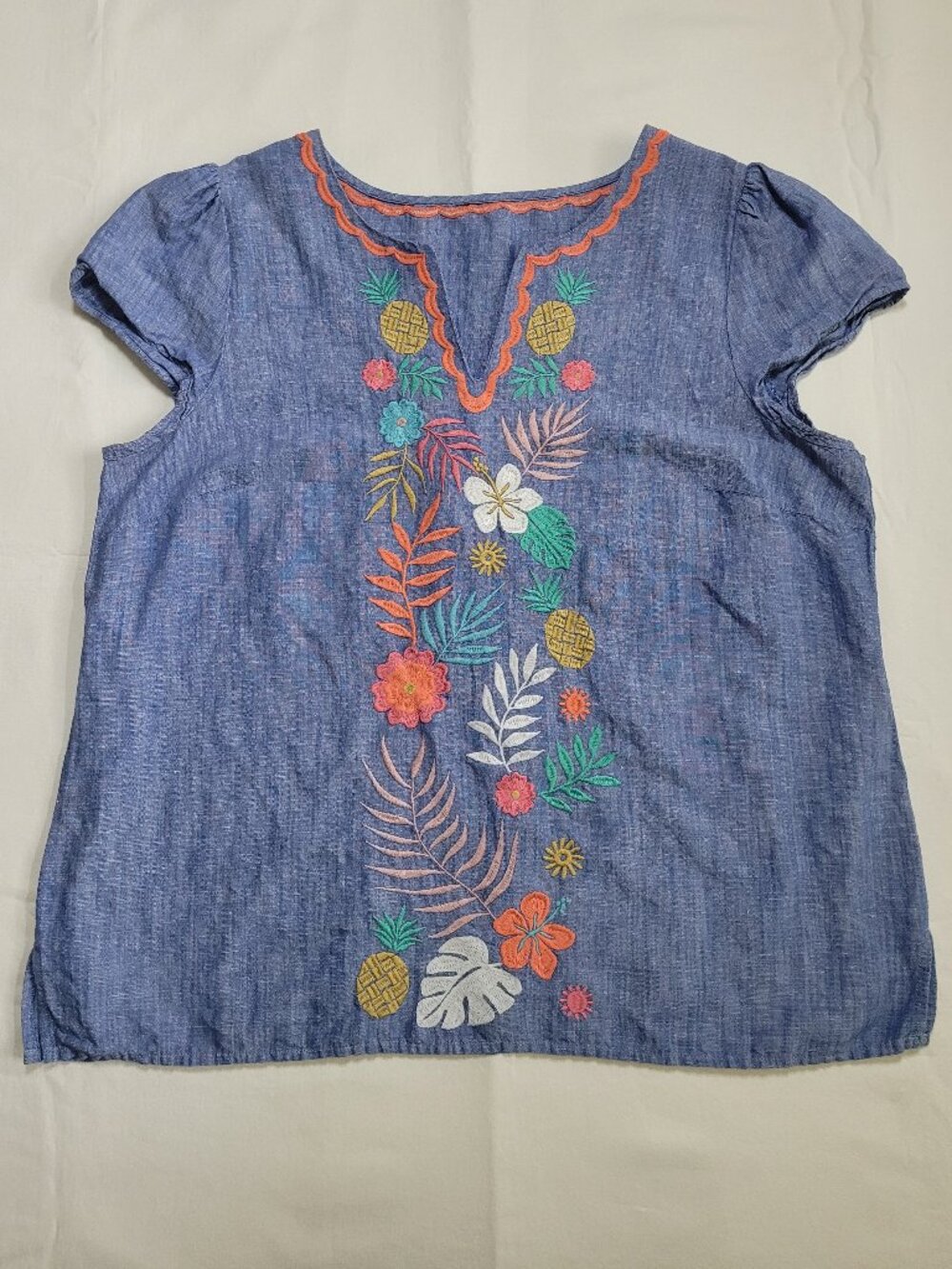 Talbots Embroidered Linen Blend Tropical Top Cap Sleeve Blue Floral Beachy Large - Picture 2 of 9